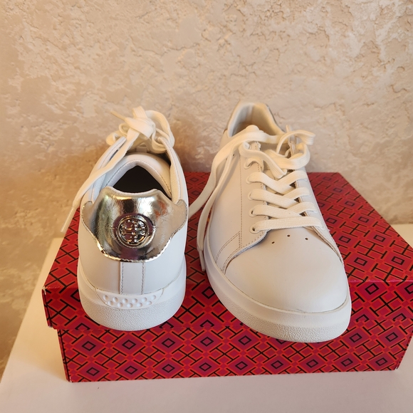 Tory Burch Woman Metallic Silver and White Sneakers - Picture 3 of 5